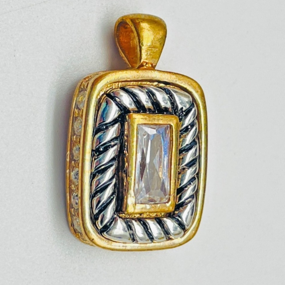 Vintage  CZ Pendant Rectangular Statement Charm Mixed Metal Tones